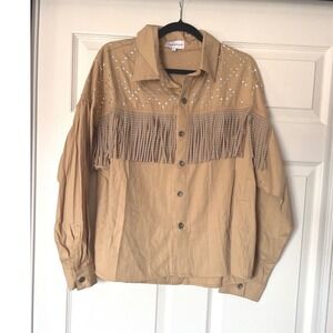 Melrose With Love Tan Western Fringe Rhinestone Studded Button Down Shirt L